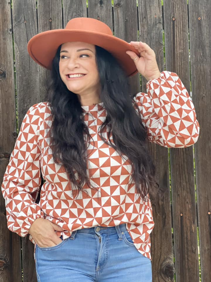 VIVIAN BUTTON BACK LONG SLEEVE - TERRACOTTA PRINT