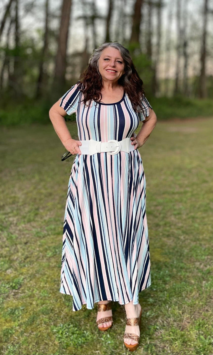 riley cream stripe midi dress New Riley Rae Colorblock Stripe Midi Dress Tie Shoulder Size Medium Sundress