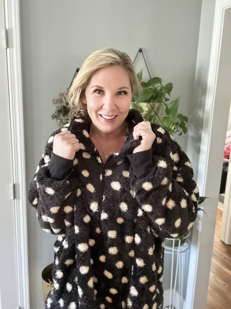 NANCY HALF ZIP PULLOVER - BLACK W/ POLKA DOT